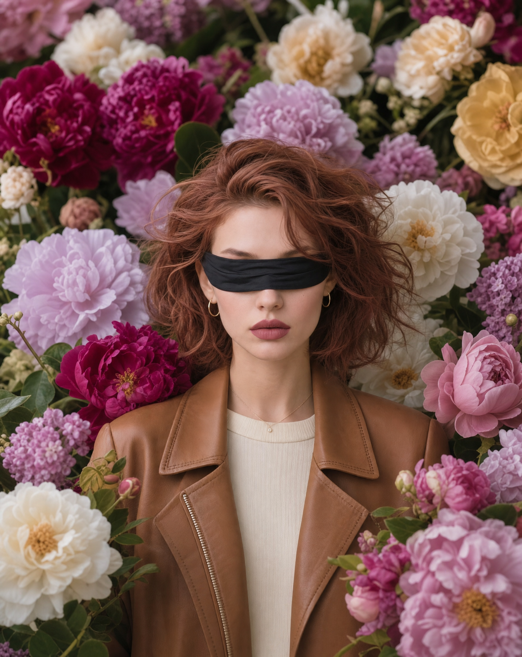 Blindfolded woman with auburn hair, camel jacket