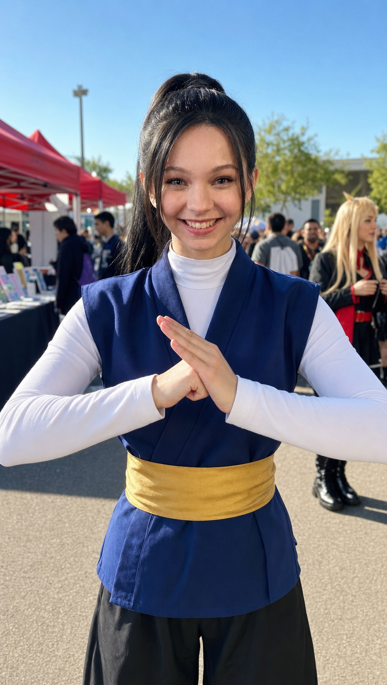 Martial arts cosplayer striking confident daytime pose