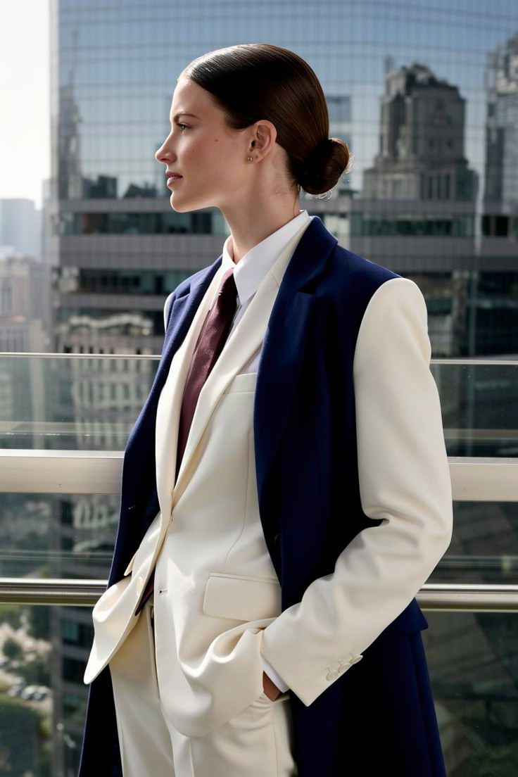 Blonde model in navy overcoat on balcony