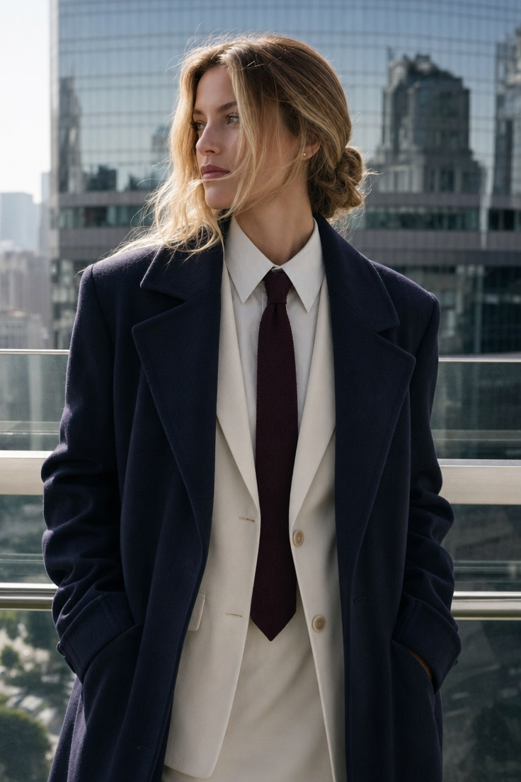 Blonde model in navy overcoat on balcony