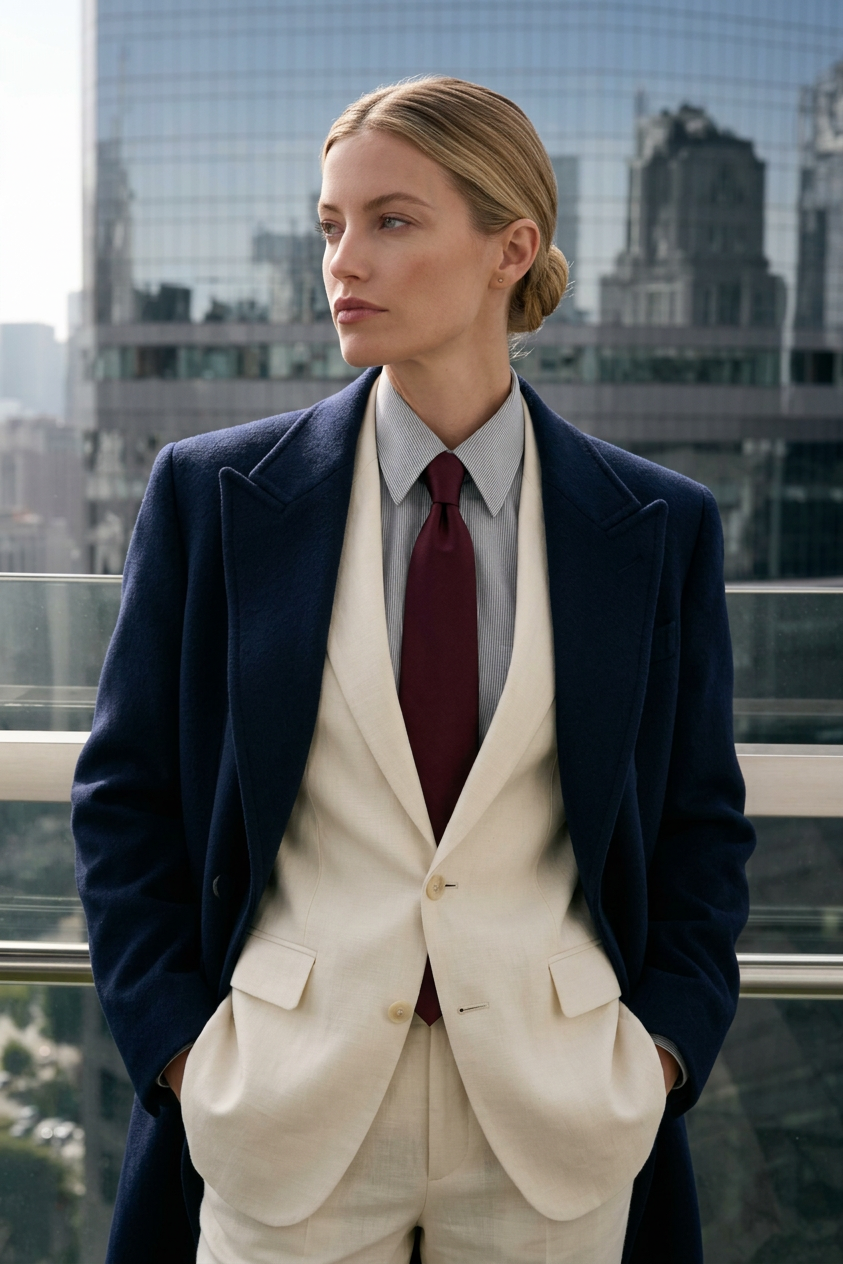 Blonde model in navy overcoat on balcony
