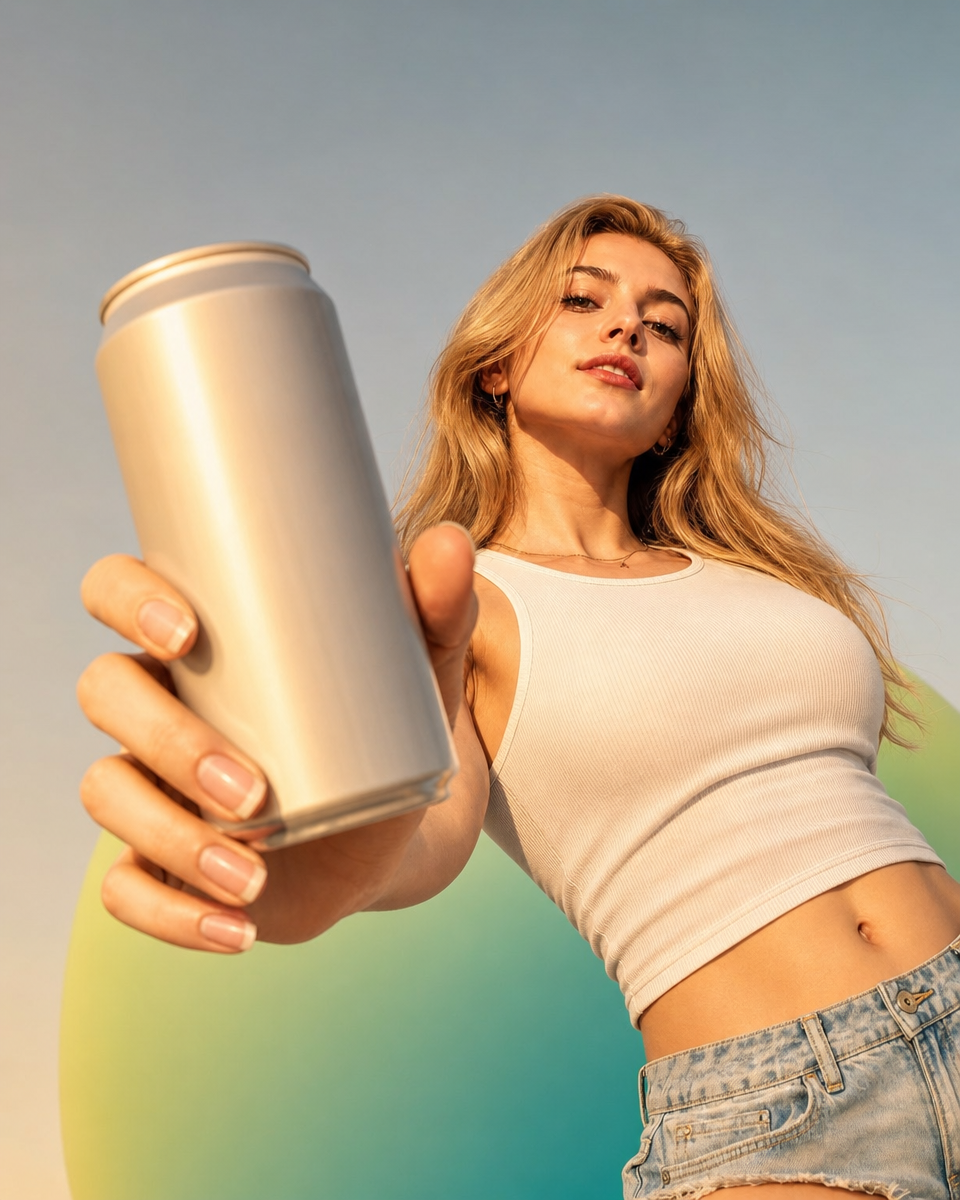 Blonde model with watermelon juice can