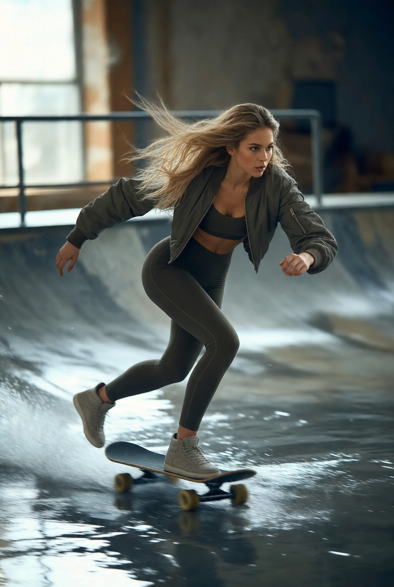 Blonde skater in warm industrial light