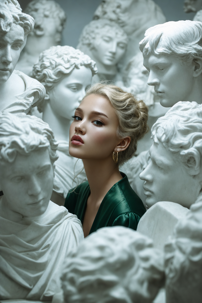 Blonde Woman Among Emerald Satin Marble