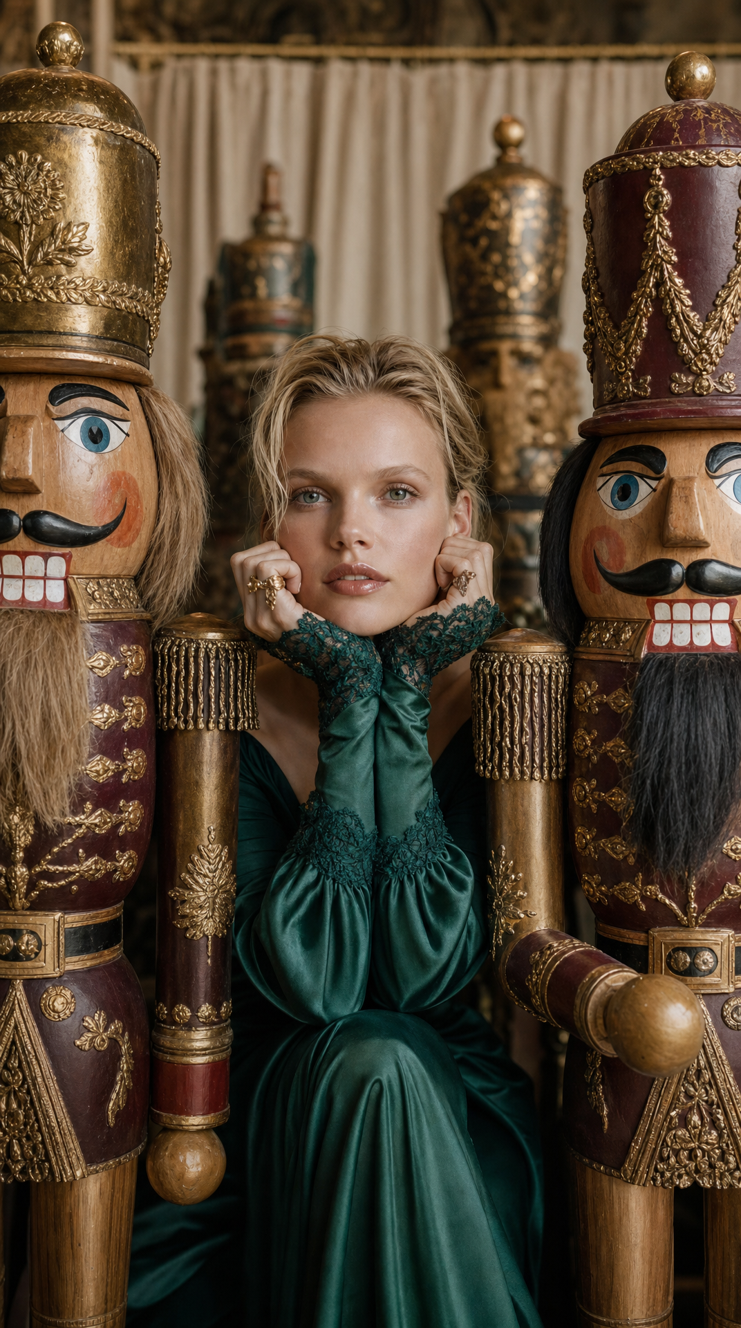 Blonde woman in emerald satin between nutcracker soldiers