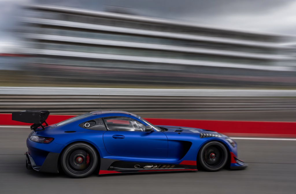 Blue AMG GT3 EVO Thrilling Panning Shot