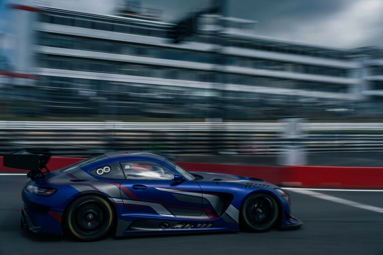 Blue AMG GT3 EVO Thrilling Panning Shot