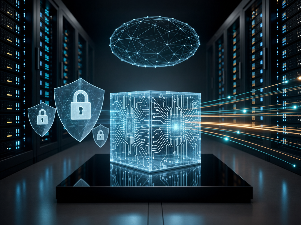 Blue holographic cube on server room pedestal