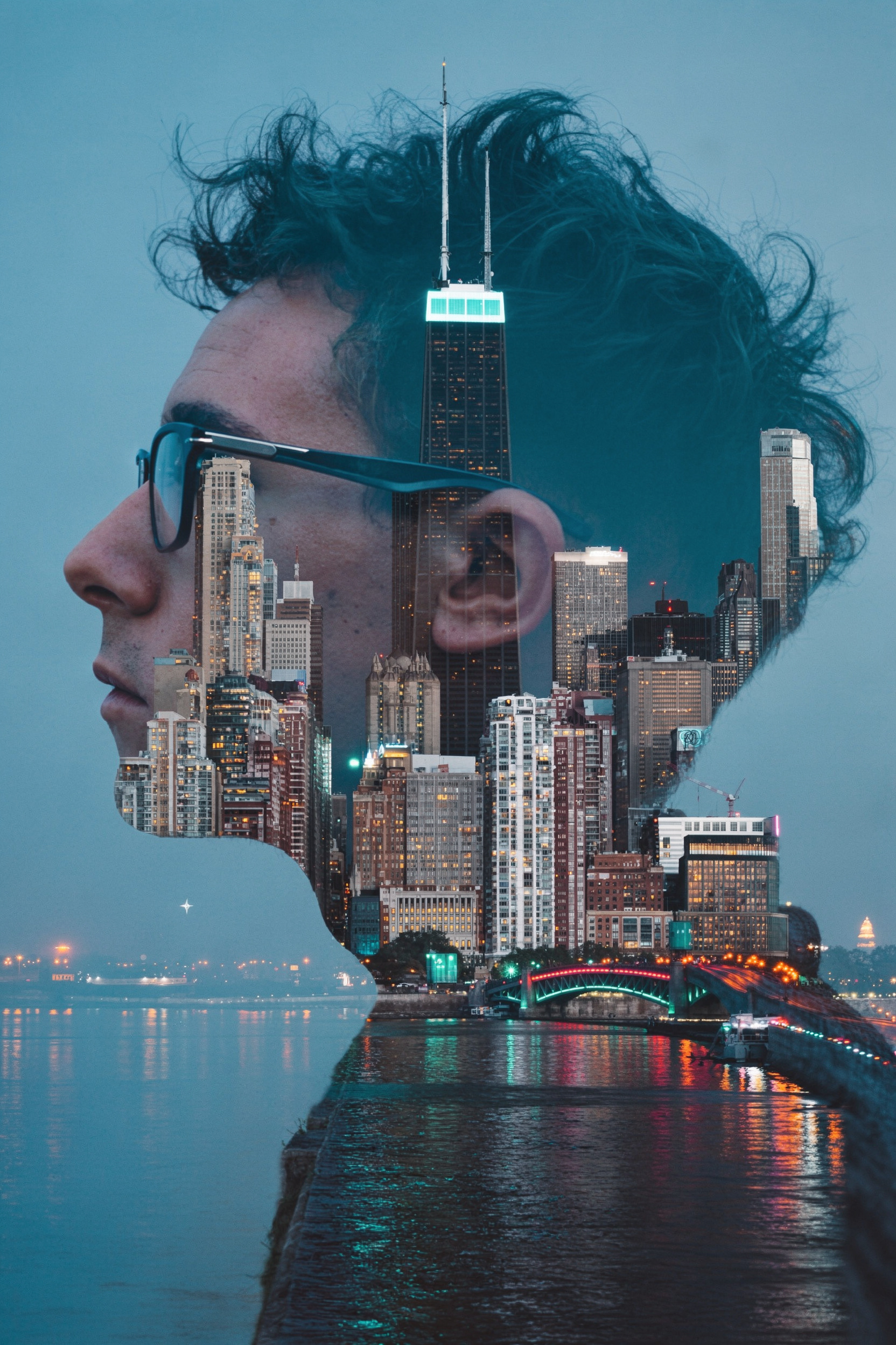 Blue-Hour Chicago Skyline Double Exposure