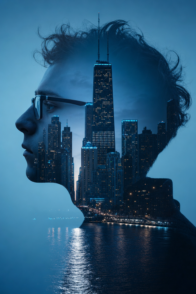 Blue-Hour Chicago Skyline Double Exposure