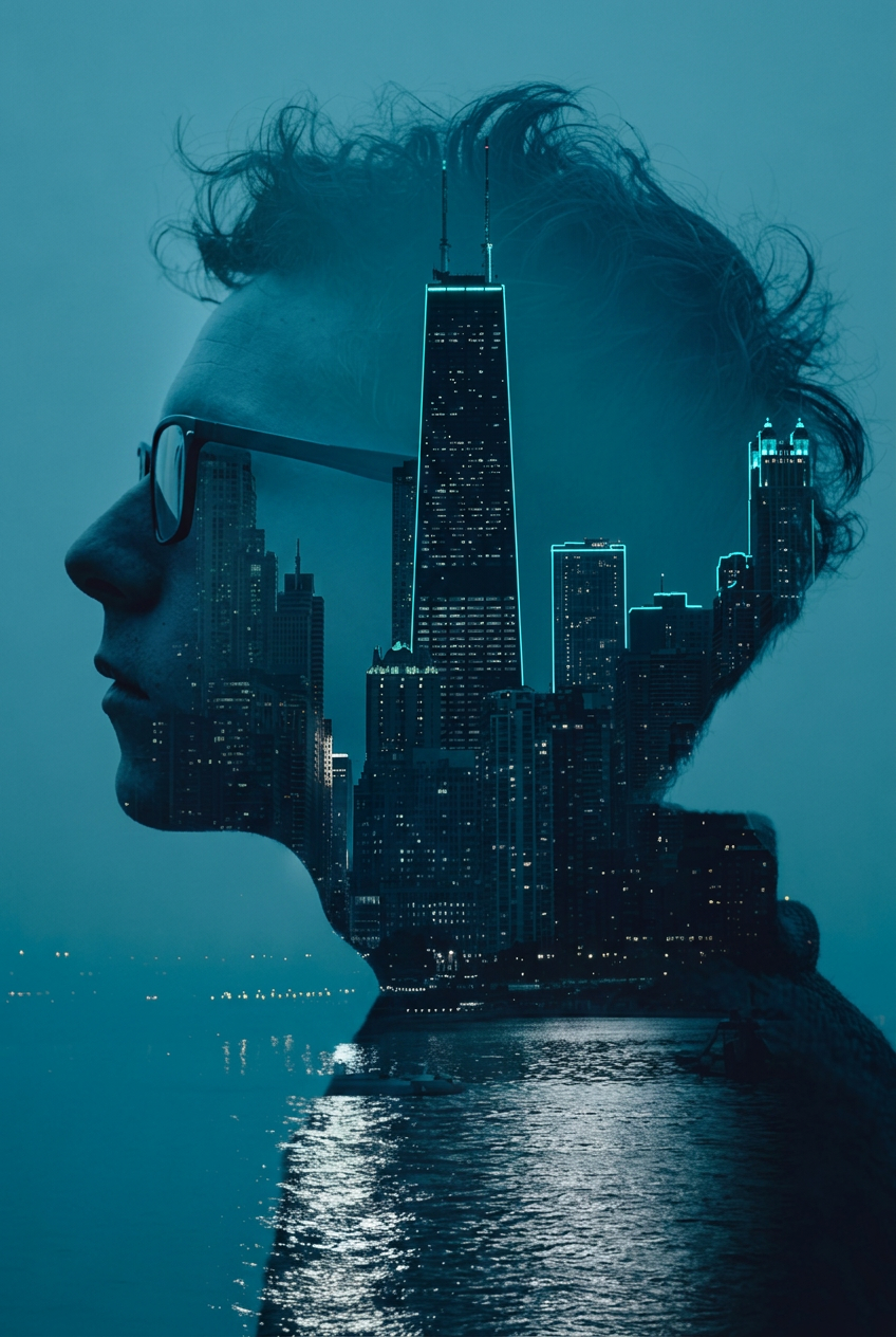 Blue-Hour Chicago Skyline Double Exposure