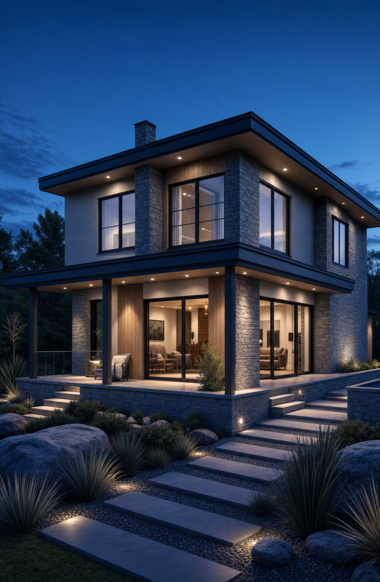 Blue-hour Modern House With Warm Glints