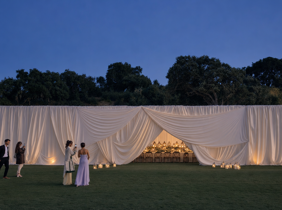 Blue-Hour Wedding Tent Reception Scene
