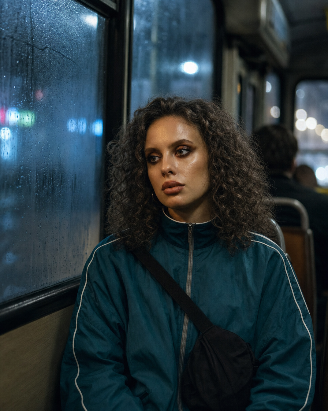 Blue-lit Night Bus Portrait