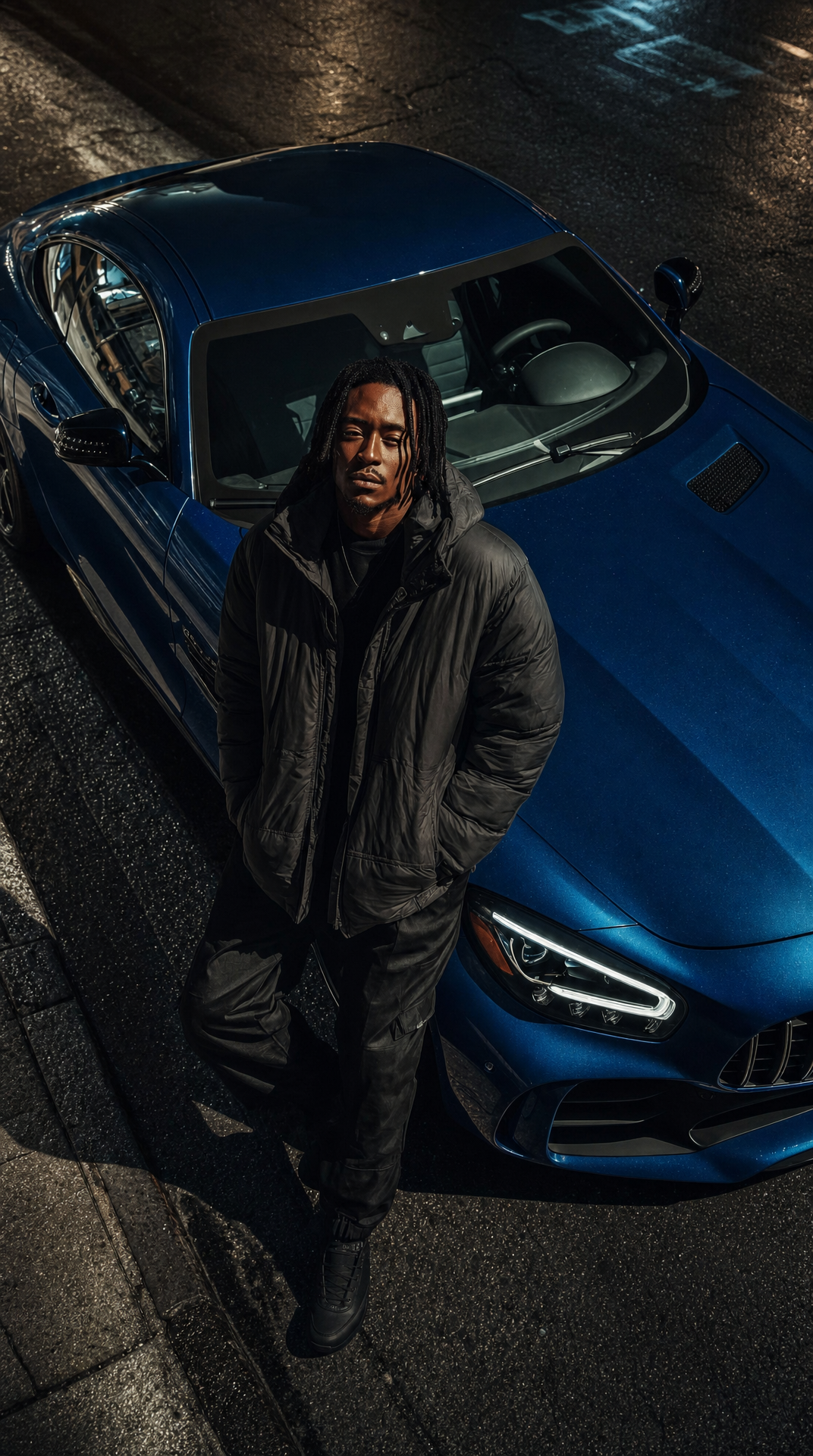 Blue Luxury Sports Coupe Beside Confident Male Model