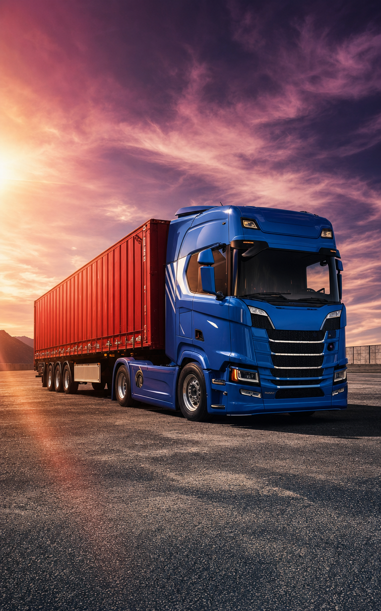 Blue Scania semi truck with red trailer at sunset