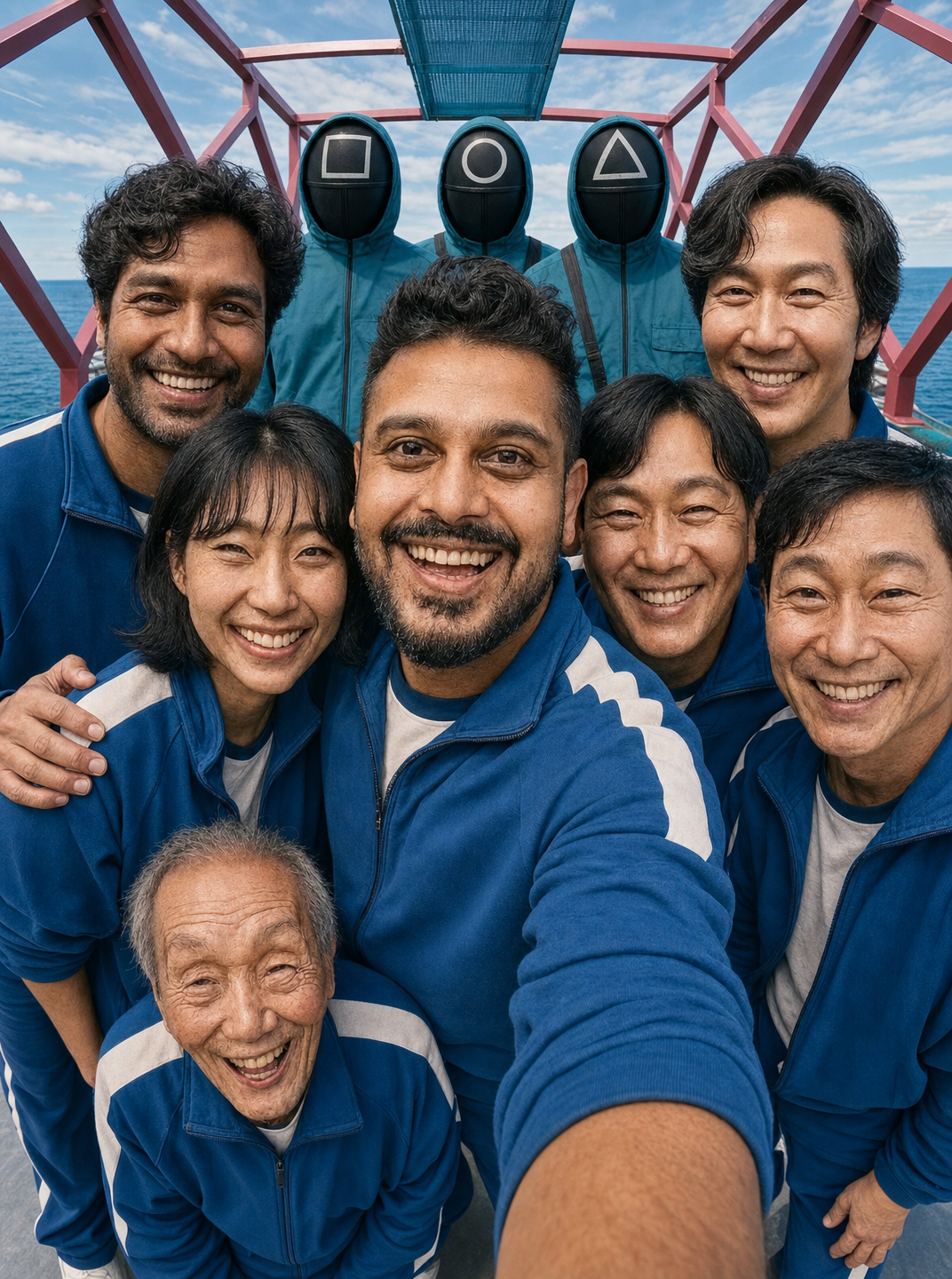 Blue Tracksuits on Glass Bridge Selfie