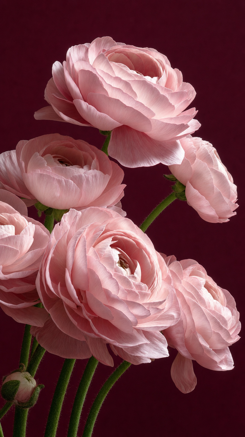Blush-pink Ranunculus With Velvet Petals, Burgundy Background