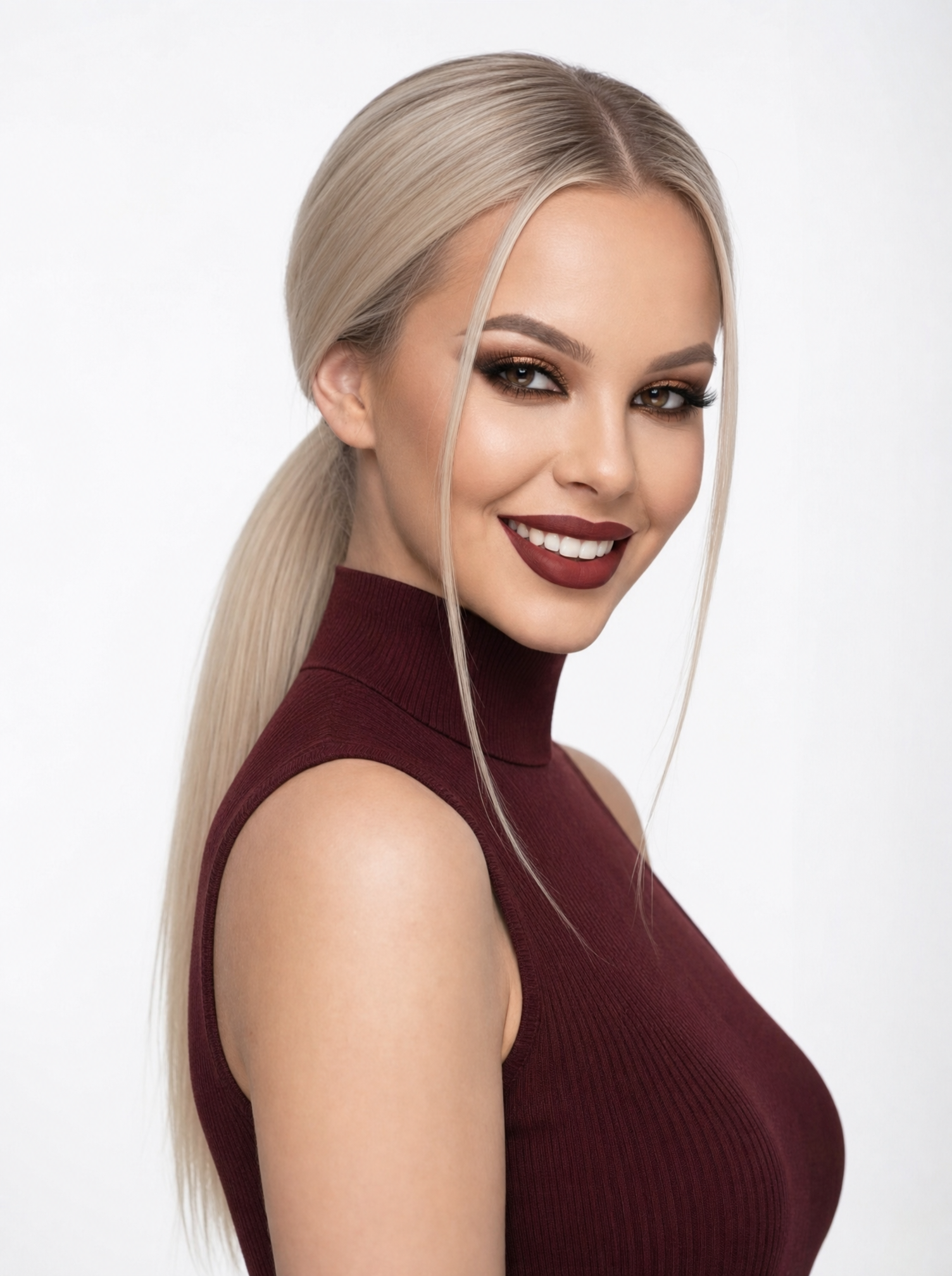 Blonde Beauty Portrait in Burgundy