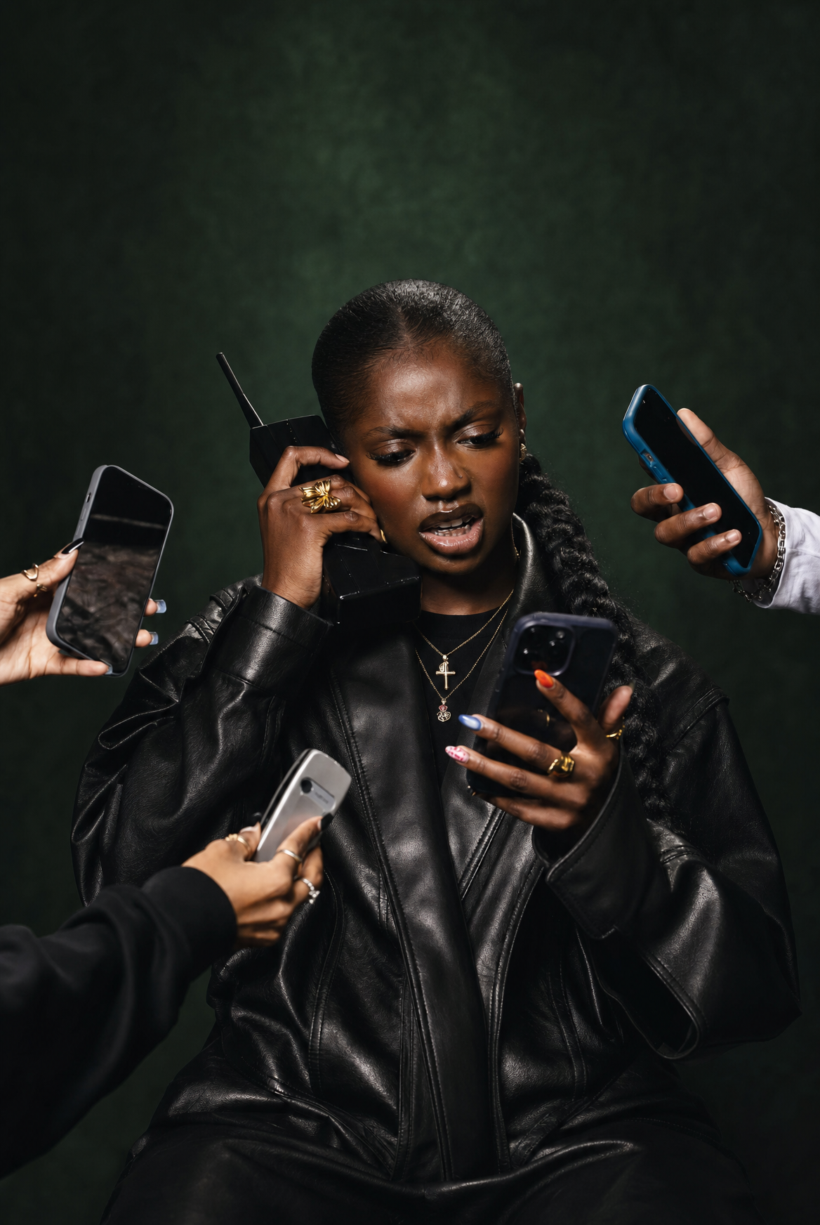 Braided portrait amid probing smartphones