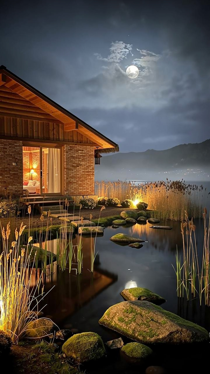 Brick-and-wood Cabin With Warm Light by Lake Under Moon