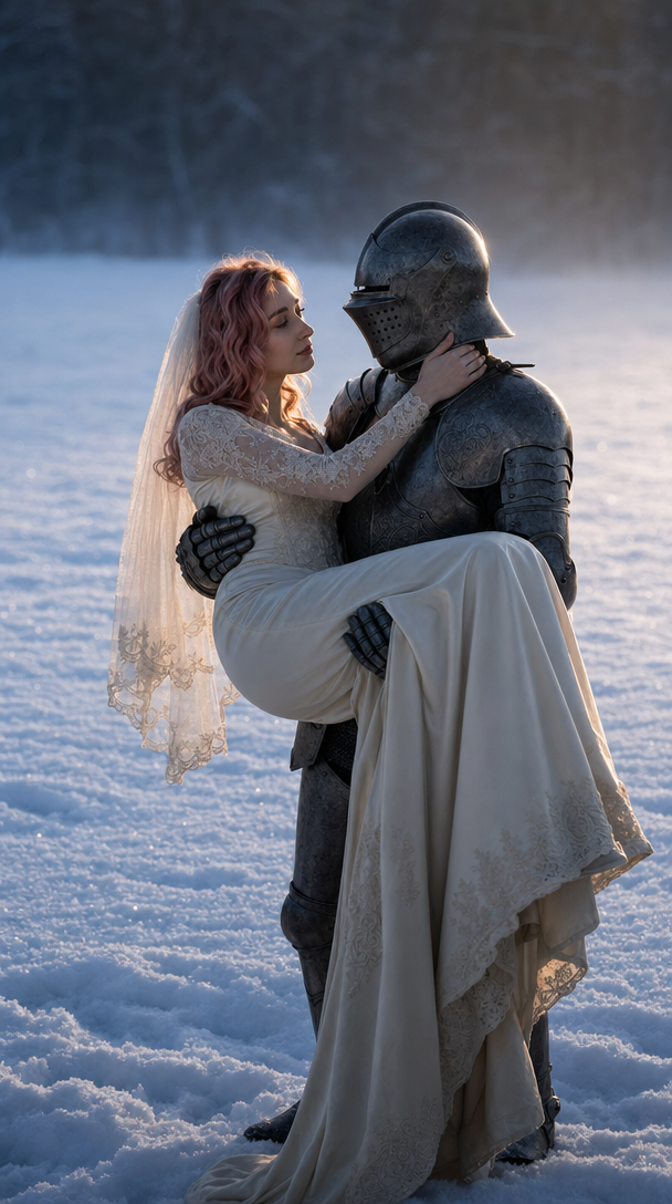 Bride and knight in cool dawn mist