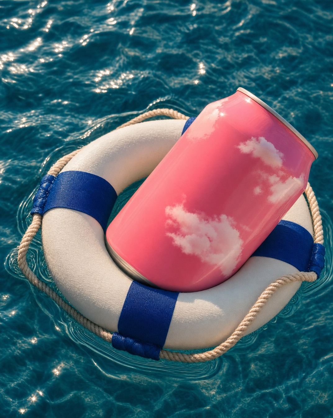 Bright pink soda can in blue-banded lifebuoy