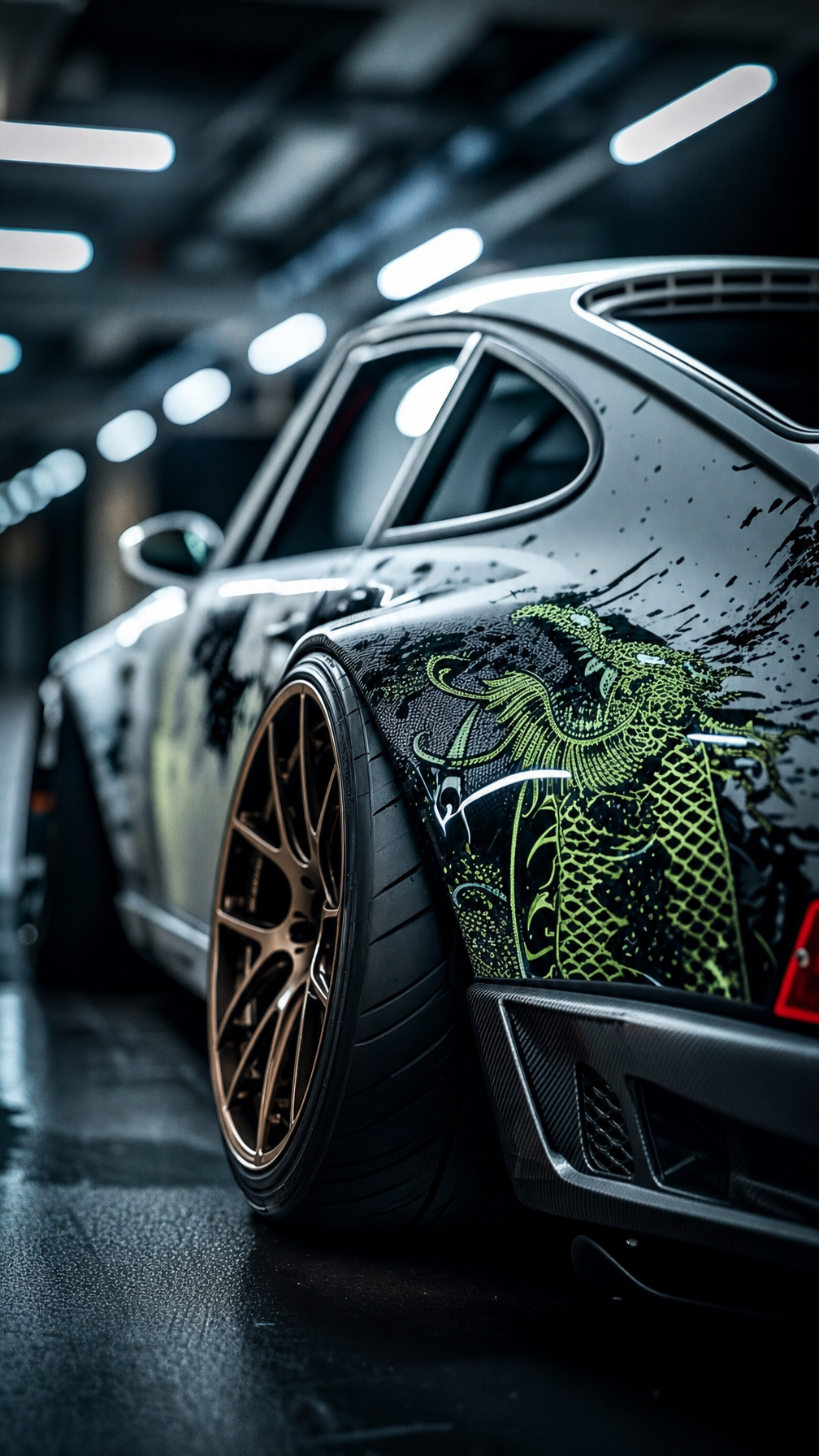 Bronze wheels and neon-green widebody