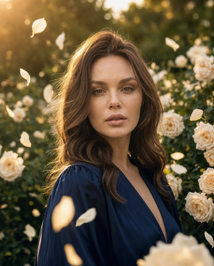 Brown-haired Woman in Navy Satin Dress Among Roses