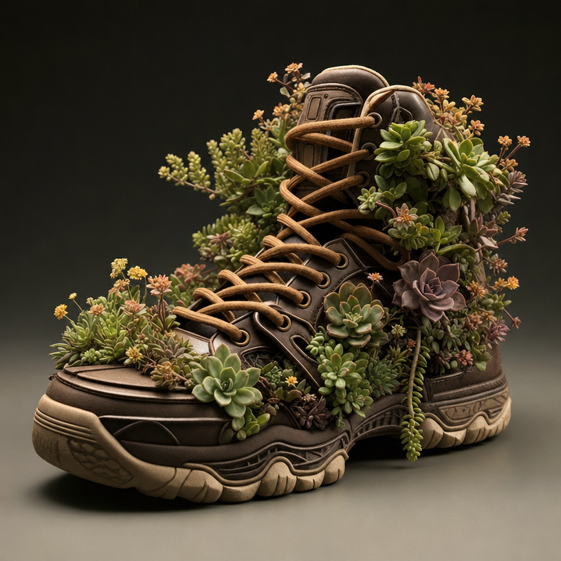 Brown hiking boot with living succulents