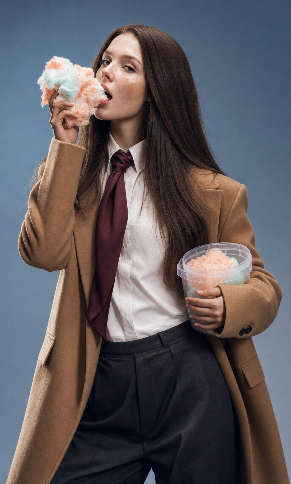 Brunette in camel coat with cotton candy