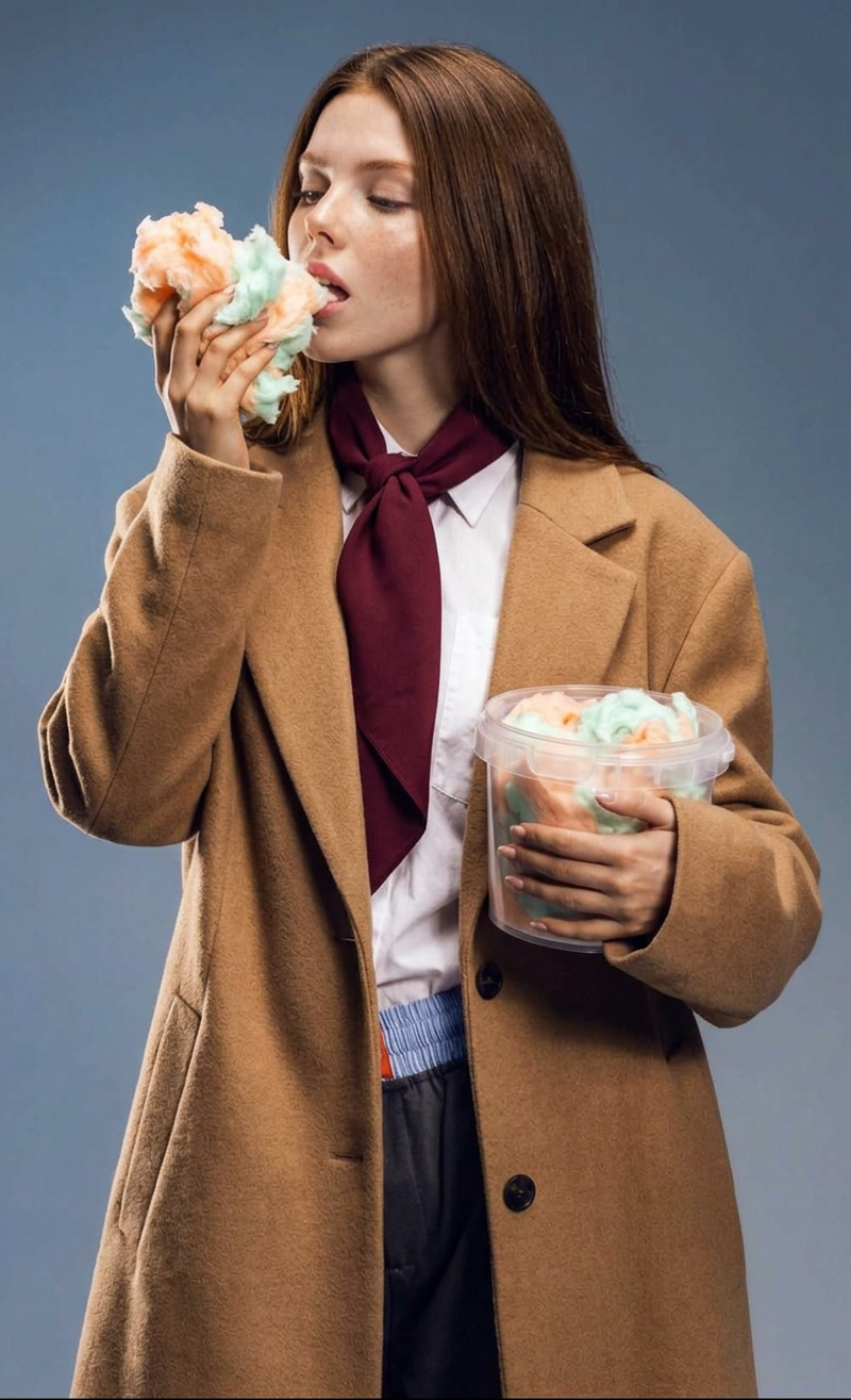 Brunette in camel coat with cotton candy