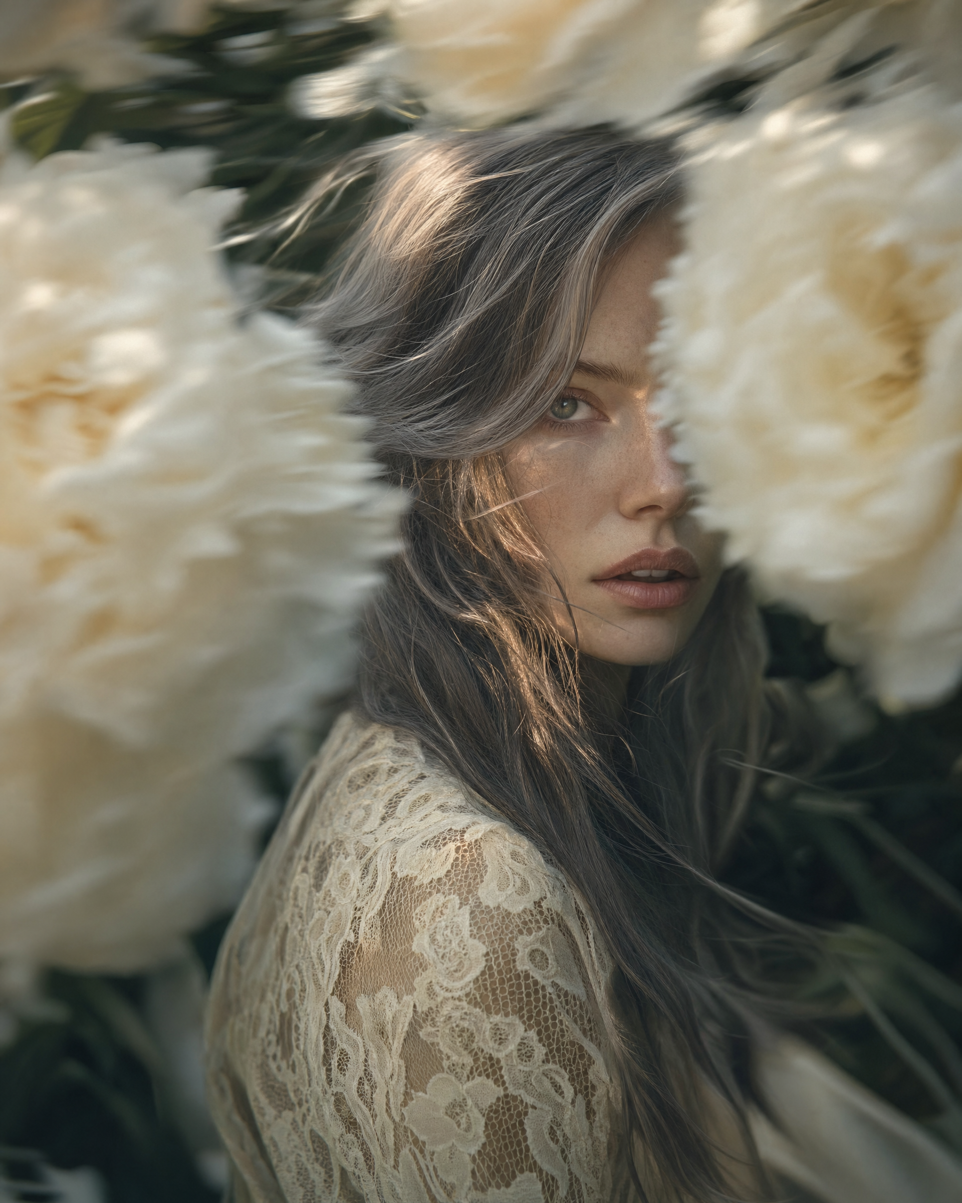 Brunette in Cream Lace Among Peonies