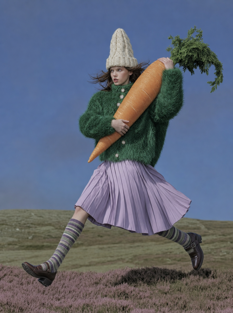 Brunette Runs With Oversized Carrot