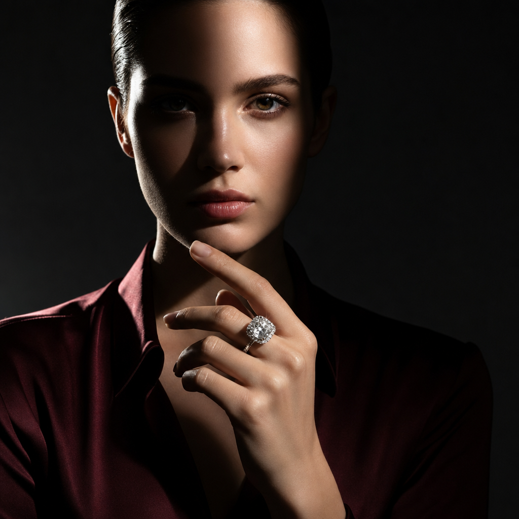 Burgundy editorial portrait with diamond