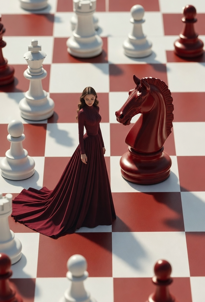 Burgundy Gown on Giant Chessboard