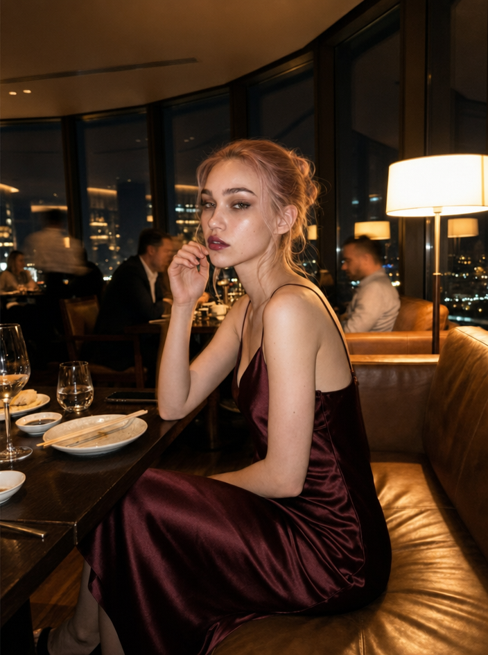 Burgundy Satin and Warm Restaurant Glow