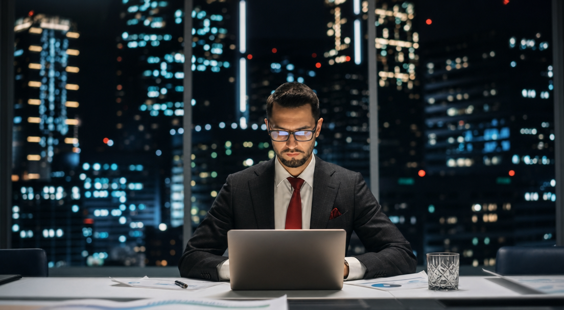 Businessman in Charcoal Suit with Red Tie Working Late