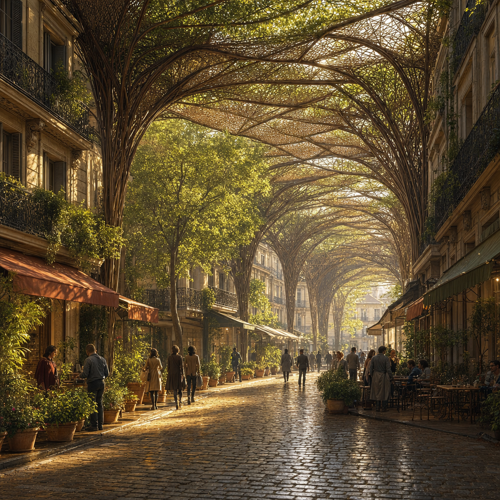 Cafe Street With Woven Canopy and Damp Cobblestones