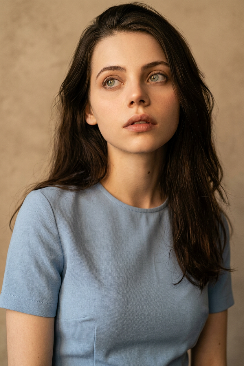 Calm introspective headshot in warm light