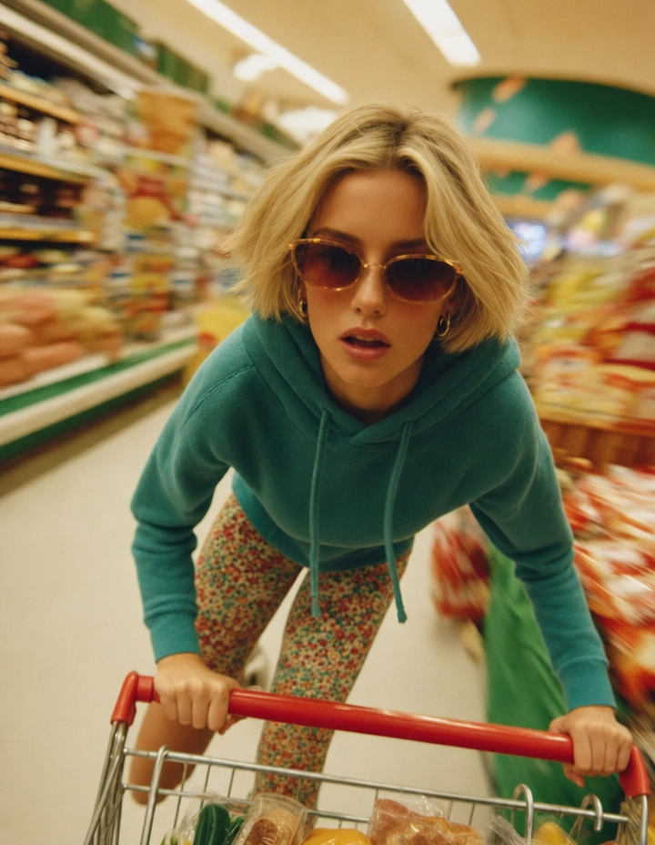 Candid Supermarket Dash in Teal