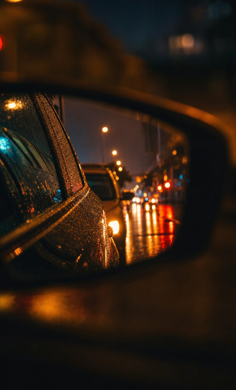 Car Side Mirror Reflecting Rainy Night Traffic