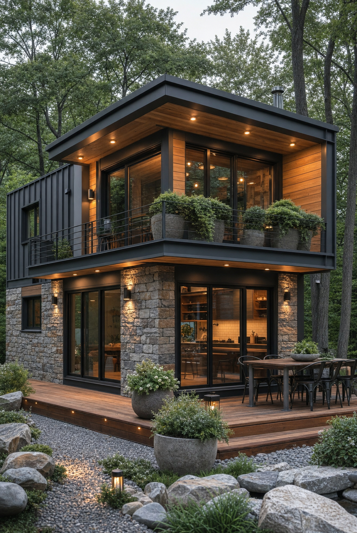 Cedar-and-stone modern cabin at dusk