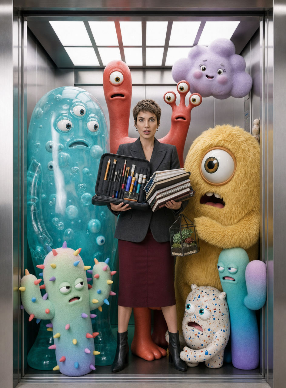 Charcoal-blazer woman with art monsters