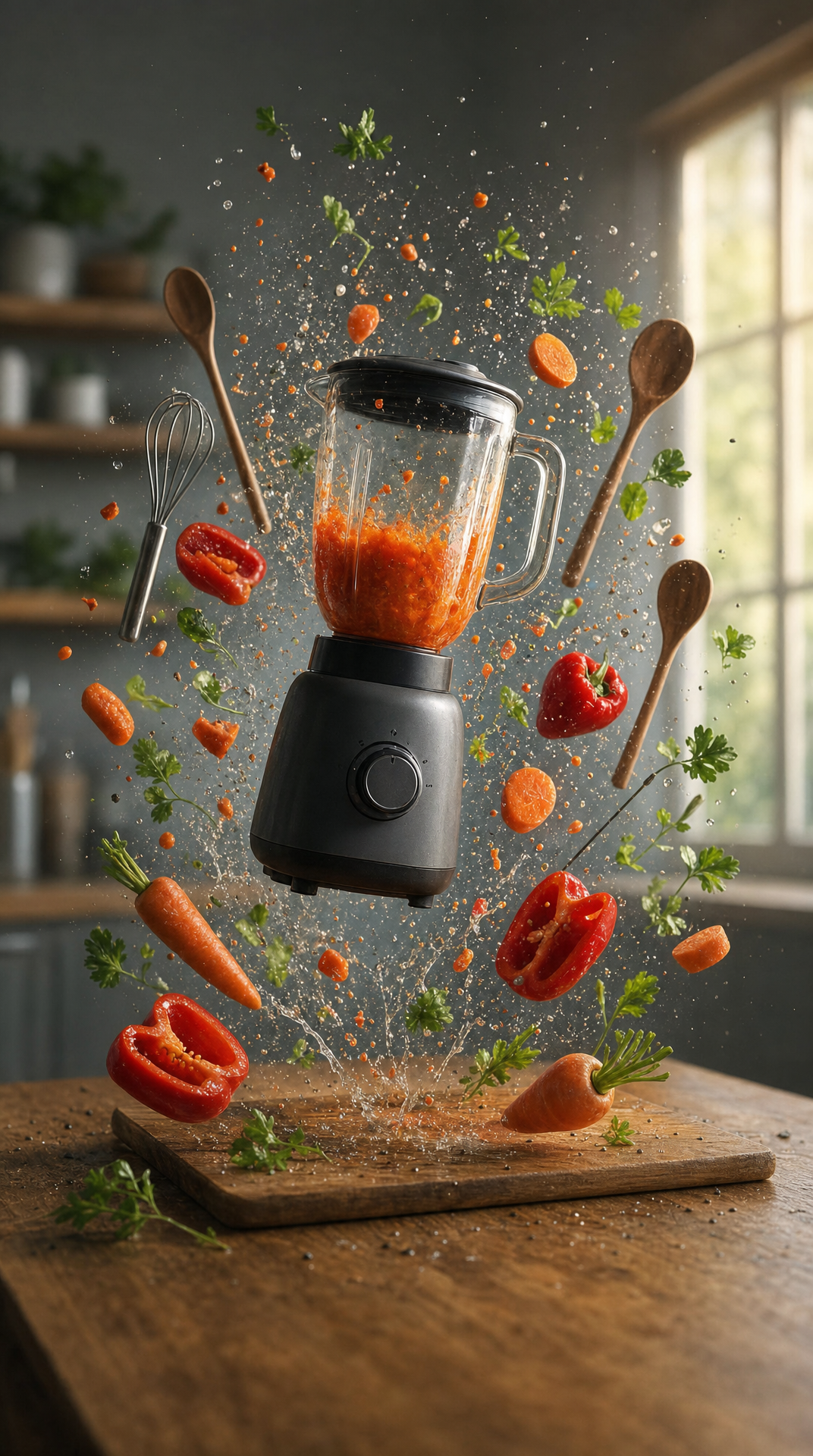 Charcoal blender swirling produce in kitchen