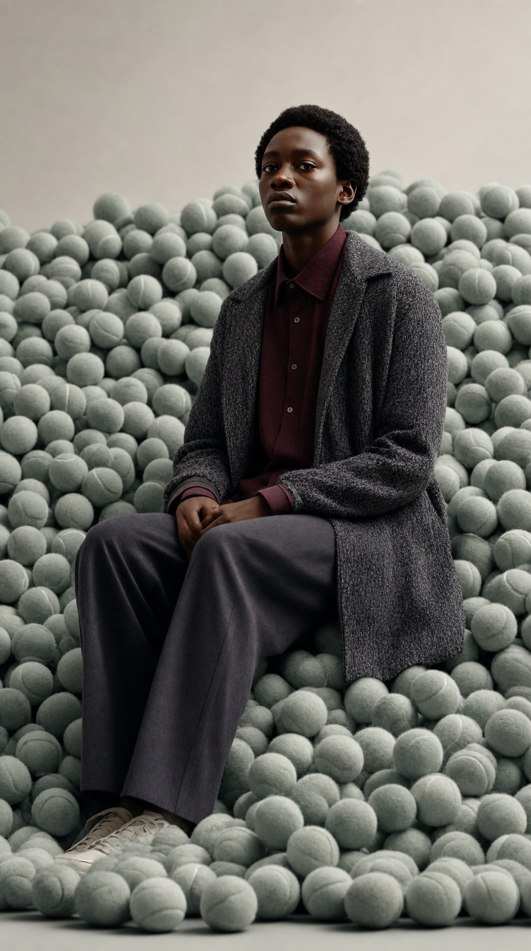 Charcoal-Coat Model on Teal Tennis Balls