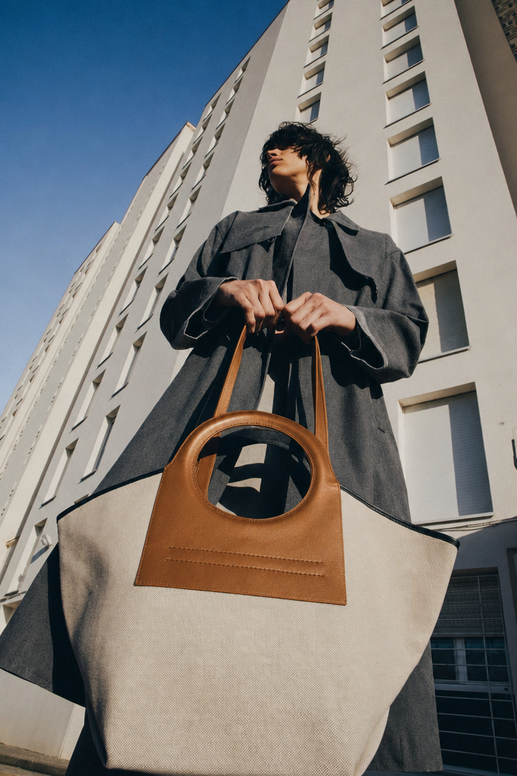 Charcoal coat with tan-handled tote