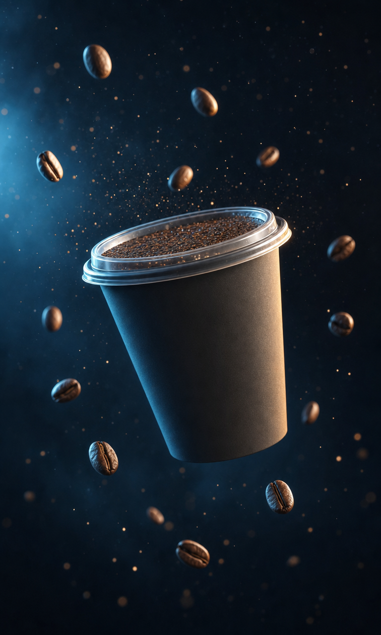 Charcoal coffee cup in deep space