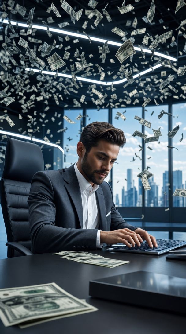 Charcoal-gray suited businessman with floating cash
