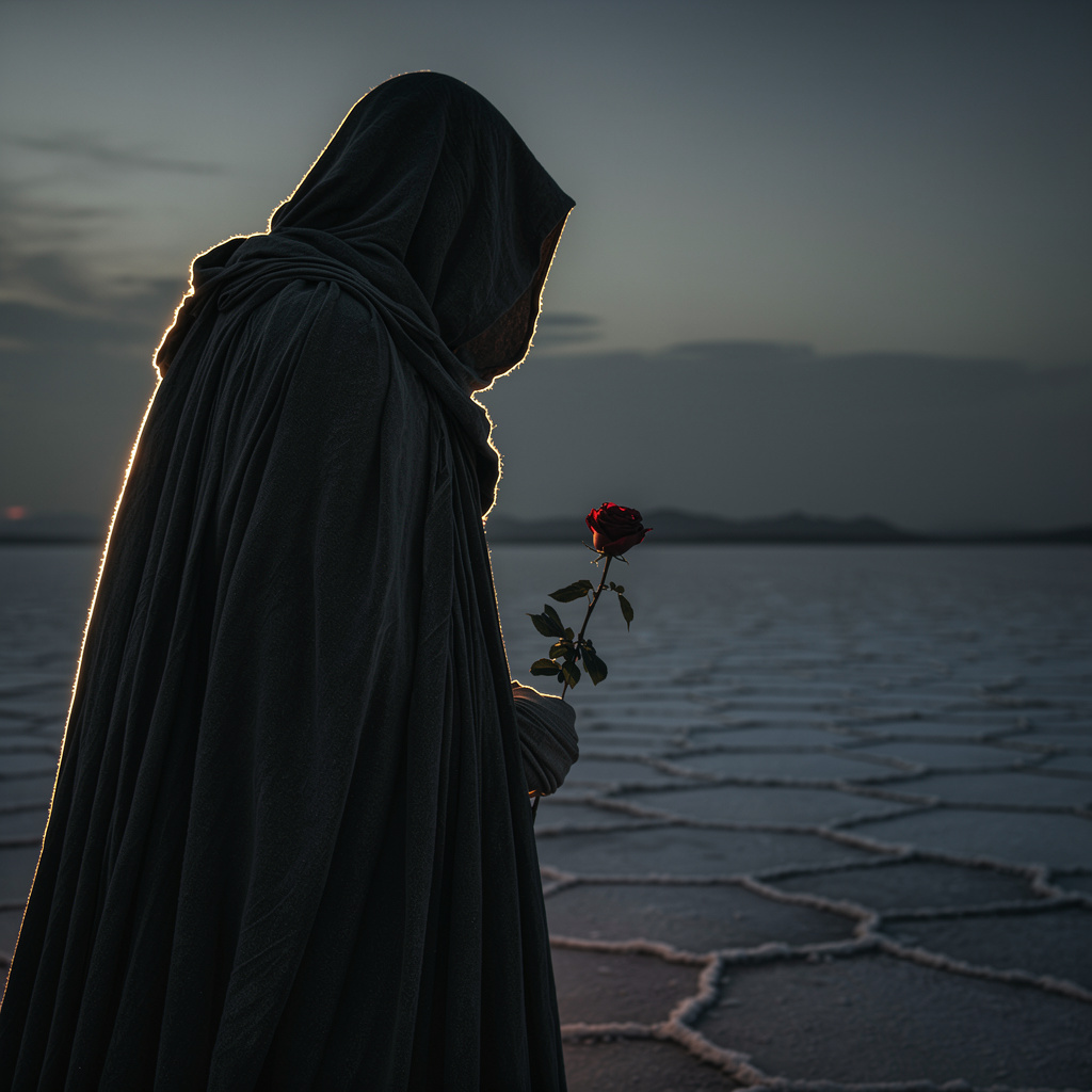 Charcoal Hooded Figure Holding Crimson Rose at Dusk